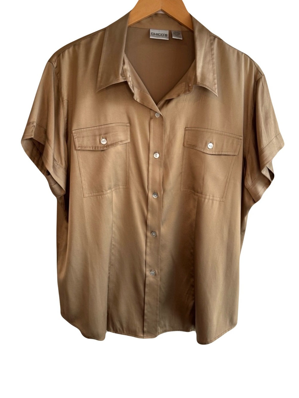 Chico's Short-Sleeve Button-Down Silk Shirt in Khaki XL